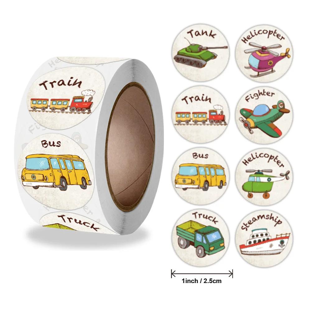 

500Pcs/Roll Cartoon Construction Vehicle Transportation Truck Pattern Stickers for Kids Reward Sticker Bulk