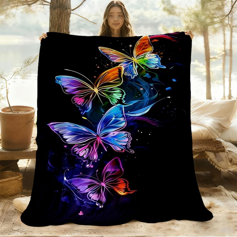 1pc Butterflies, Rainbow Flannel Blanket, Comfortable and Warm Blanket, for Camping Sofa Bed and Couch Office046