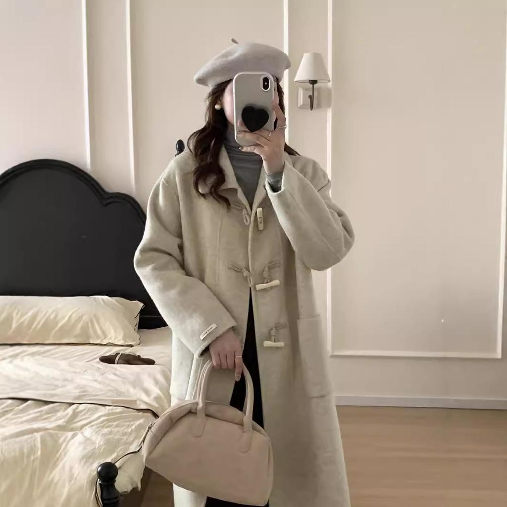 New double-sided wool coat, long big pocket horn wood buckle doll collar, thickened long wool cashmere coat.