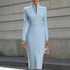Elegant European & American Style Stand Collar Long Sleeve Bodycon Dress for Women - Slim Fit, Mid-Length, Formal Wear