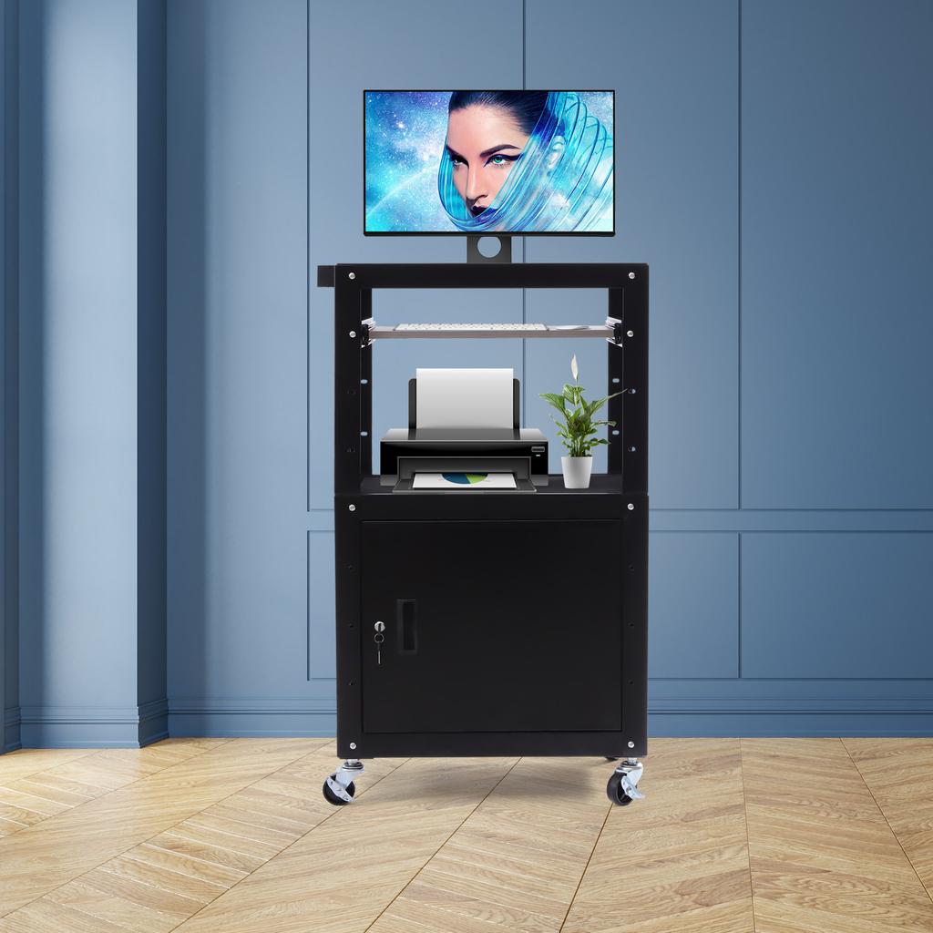 Steel Large AV Cart with Extra Storage - Adjustable Height Cart with Locking Cabinet, Pullout Tray, Power Strip,Easy To Assemble