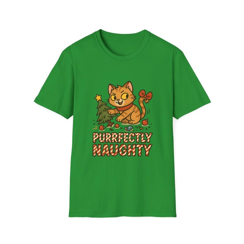 

Unisex Softstyle T-Shirt Purrfectly Naughty Funny Christmas Cat Tree Holiday Tee 3XL