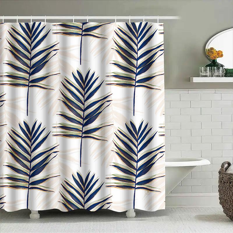 Exotic Palm Leaves Shower Curtain Luxury Floral Bath Decor With Blue Stripes Design For Bathroom Decorationssize: 180X180Cm (Whi