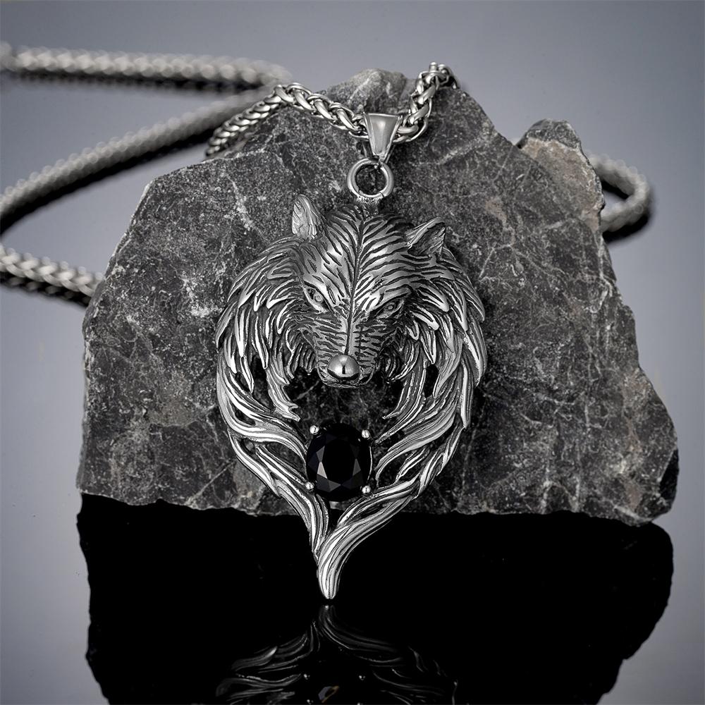 Punk Norse Odins Wolf Necklace Gold Stainless Steel Black Gem Viking Fenrir Pendant Retro Amulet Jewelry for Men