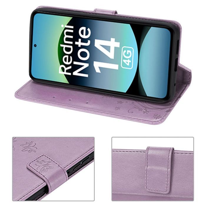 Hülle für Xiaomi Redmi Note 14 4G (nicht für 5G) Stoßschutz Kunstleder Reliefmuster Schmetterling Lila
