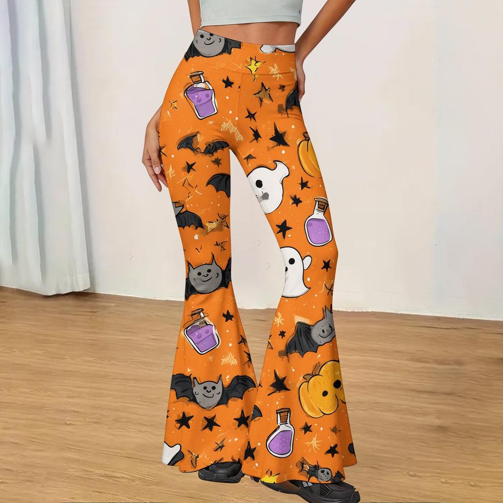 Women's Casual Halloween Print Flared Yoga Pants High Waist Stretchy Bootcut Leggings for Everyday Wear