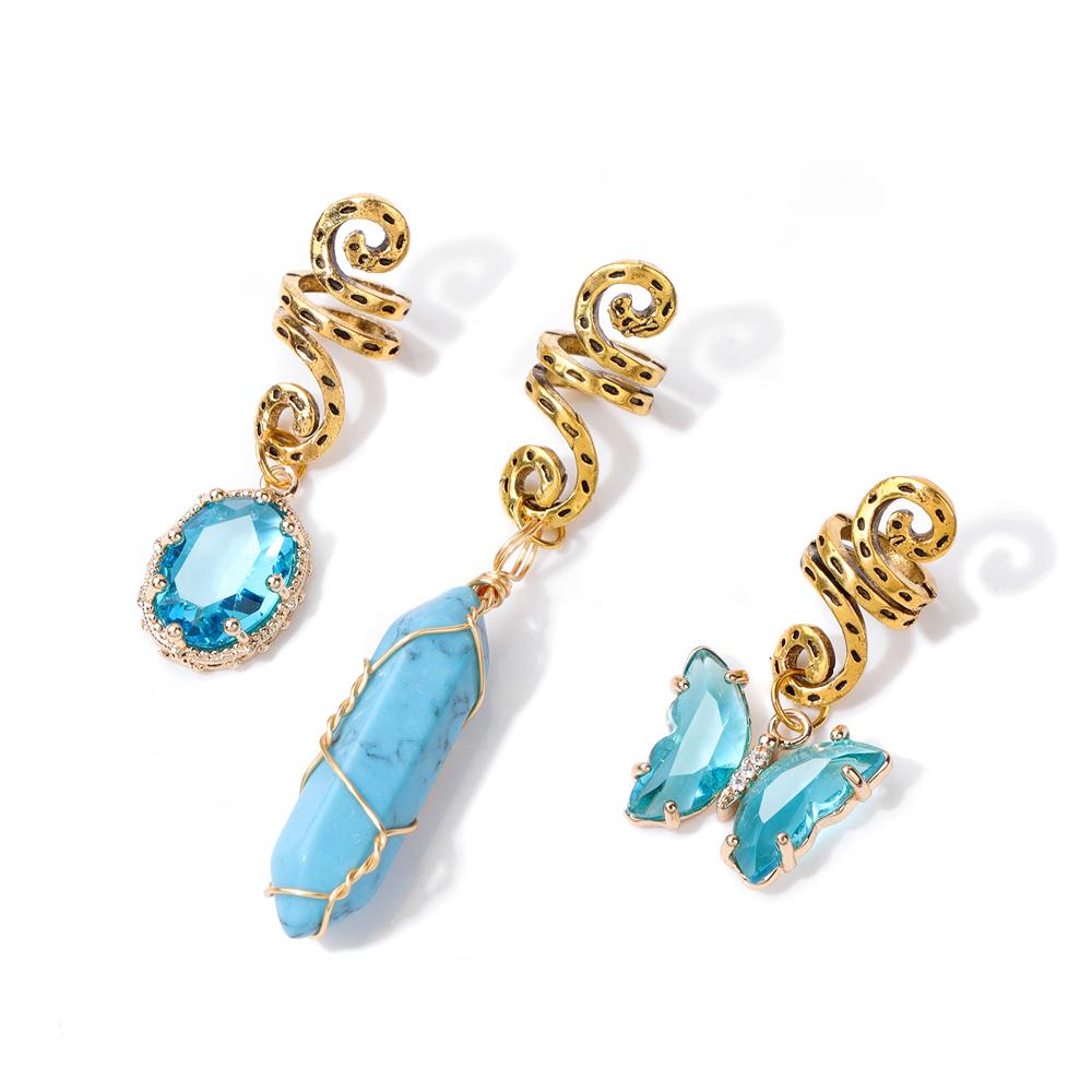 3pcs/set Crystal Hair Jewelry For Women Hexagonal Column Butterfly Charm Dreadlock Headwear Dangle Dreadlock Hair Accessories