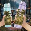 1PC Tropical Palm Tree Island 750ml Color Plastic Sports Water Bottle Leakproof Flip Straw Lid Suitable for Sports Office Home Use