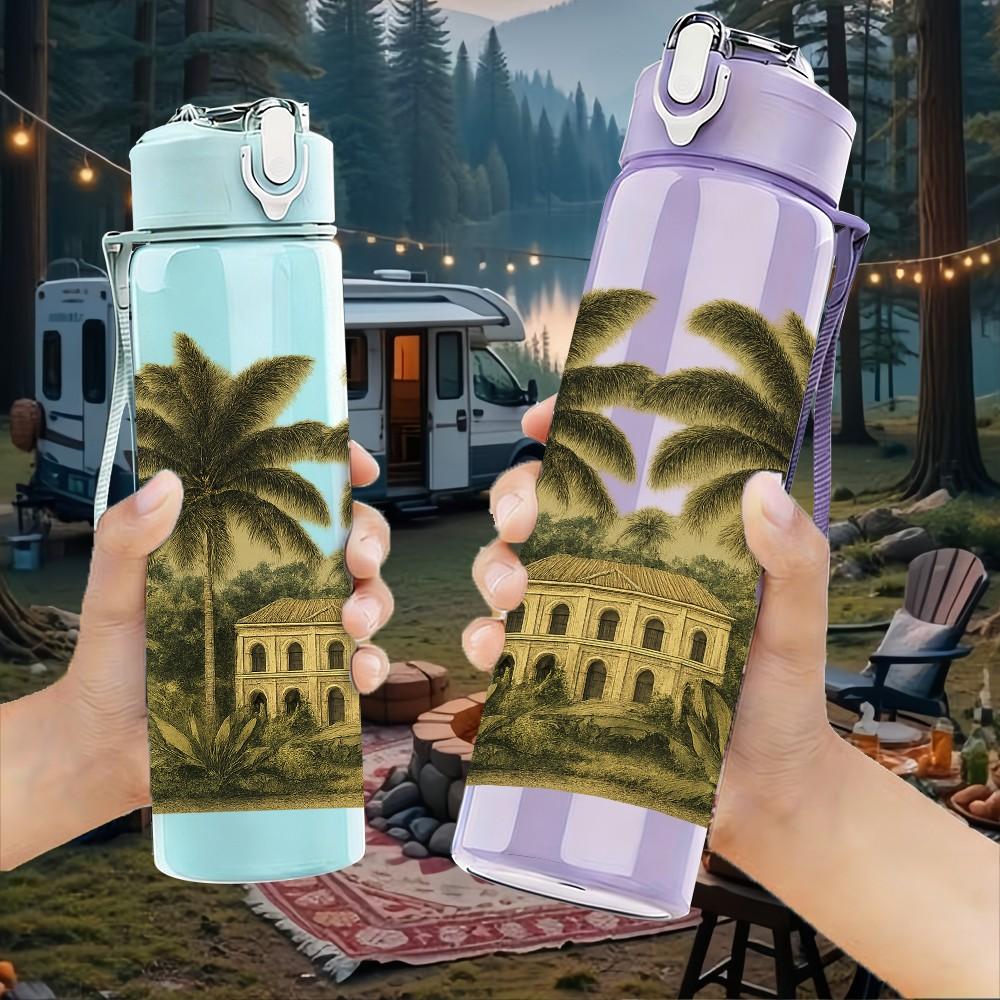 1PC Tropical Palm Tree Island 750ml Color Plastic Sports Water Bottle Leakproof Flip Straw Lid Suitable for Sports Office Home Use