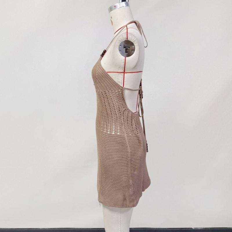 Knitting Tied V Neck Halterneck Backless Tied Up Beach Dress Adjustable Summer Outfit For Women Swimwear Cover Up