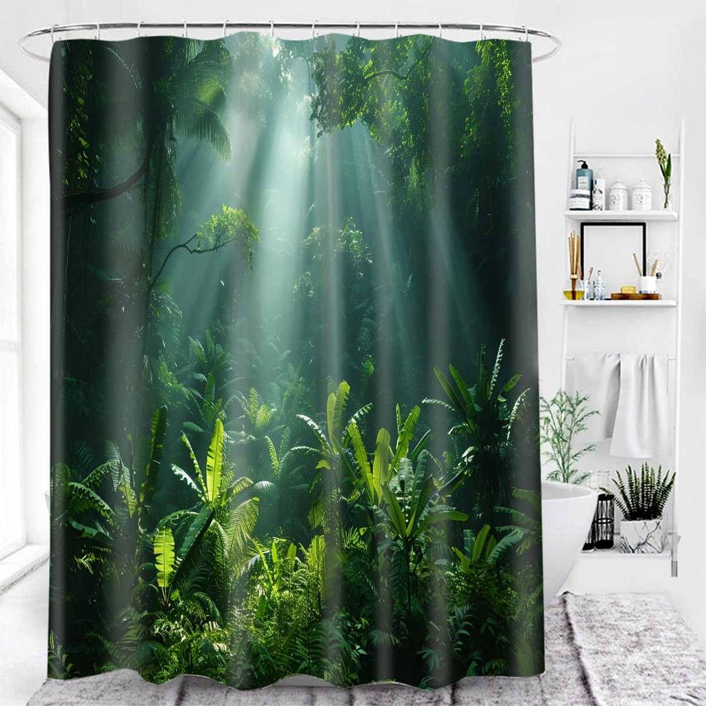 1Pc Forest Landscape Polyester Shower Curtain - Vibrant Green Jungle Design With Sunlight Effect, Ideal For All-Season Bathroom