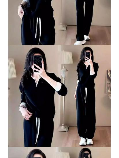 2025 Spring Women's Casual Sports Set: Fashionable Slimming Sweatshirt & Wide Leg Color Block Two-Piece