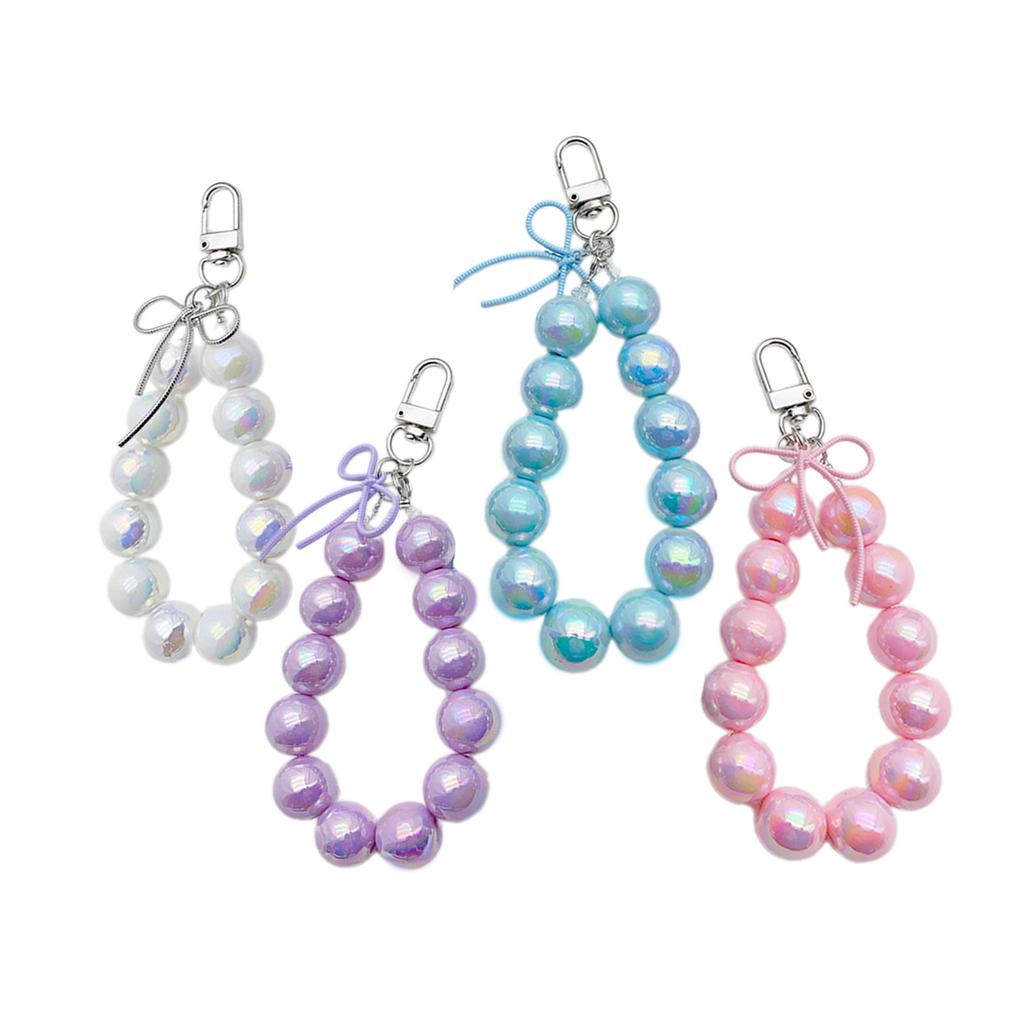 Fashion Bowknot Pendant Keychain Mobile Phone Lanyard UV Beaded Wrist Rope Strap Antilost Keyring for Women and Girls