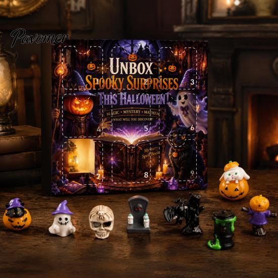 Halloween Countdown Calendar Advent with 9 Mini Resin Figures, Day Spooky Miniature Pumpkin Skeleton Figurines To Calendar, Surprise Collectible