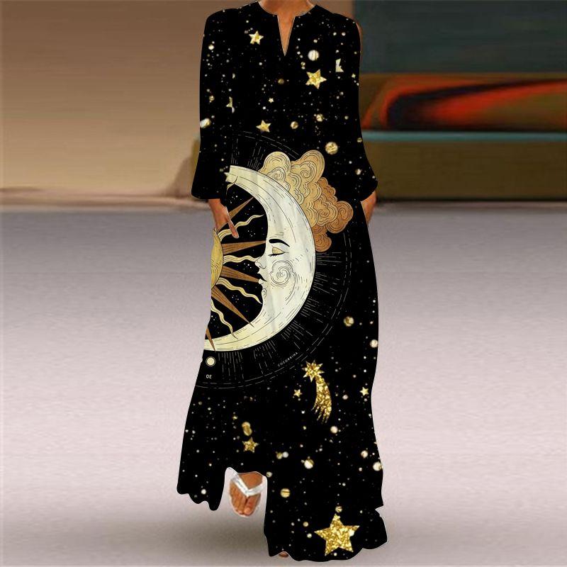 New Chinese Style Chinese Style Skirt Elegant Sexy Long Sleeves 3D Print Long Skirt Loose Plus Size Women's Clothing Long Dress