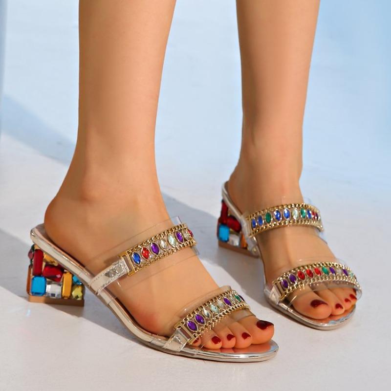 Women's Rhinestone Single Strap Block Heel Sandals, Colorful Sole Mid Heel Summer Shoes, Plus Size