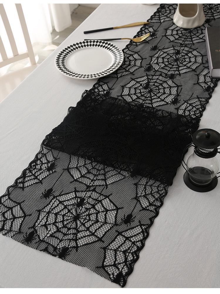 1pc Black Polyester Lace Spider Web Table Runner | American Halloween Party Gift Home Dining Decor, Ghost Festival, Festive Tabletop Accessory