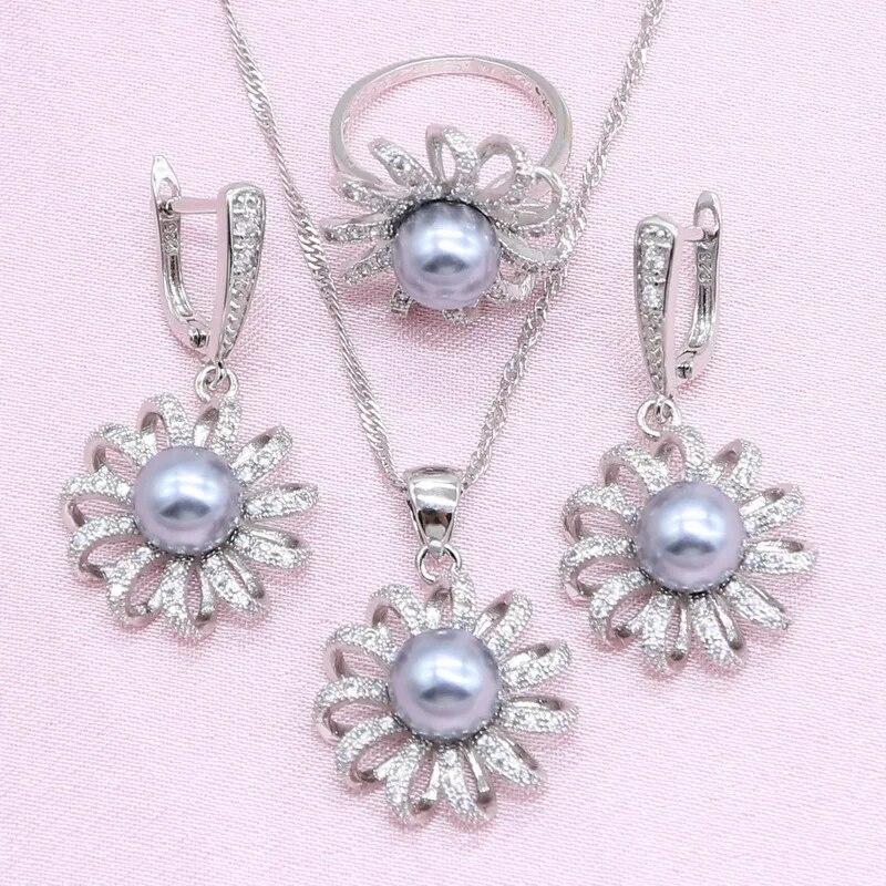 

Наборы ювелирных украшений пресноводного жемчуга серебряного цвета для женщин, ожерелье, кулон, кольцо, серьги, свадебные украшения