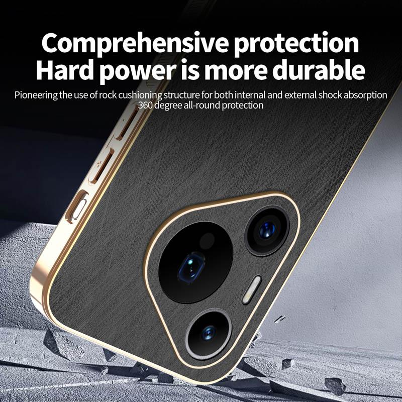 Stripe Thread Texture Leather Back Plating Case For Huawei Pura 80 70 Ultra Pro + Anti Fingerprint Slide Camera Protector Shell