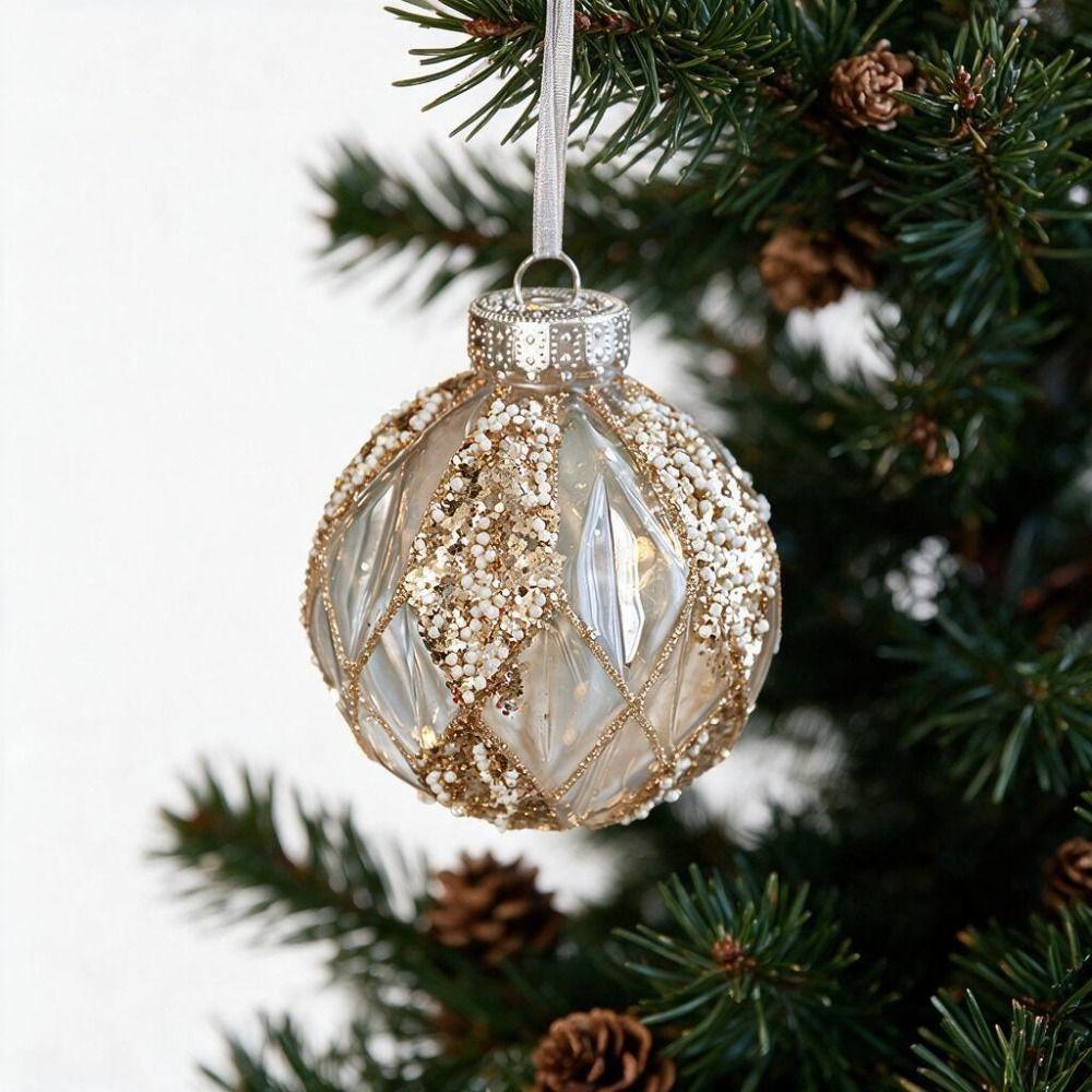 8CM Clear Bauble Christmas Tree Ball Gold Glitter Painted Christmas Hanging Ball  Festive