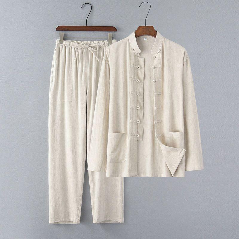 Chinese Style Summer Linen Tang Suit: Men's Retro Hanfu Long-Sleeved Jacket for Middle-Aged and Elderly
