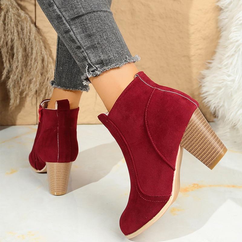 Autumn and Winter New Round Toe Solid Color High Heel Short Tube Side Zipper Fashion Boots Women