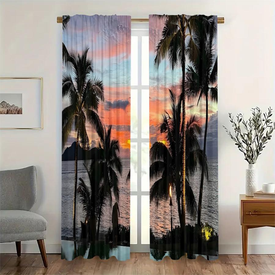 2pcs- Korean-style palm and coconut tree polyester curtains, pole bag curtains 42*84, bedroom, living room, home room decoration