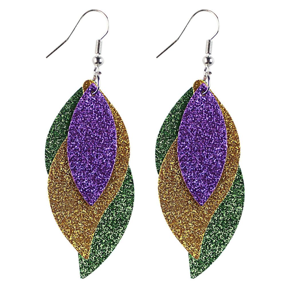 Carnival Three-Layer Leather Earrings, Cross Pattern Single-Sided Printing Scallion Powder Fine Powder Water Droplets Leaves