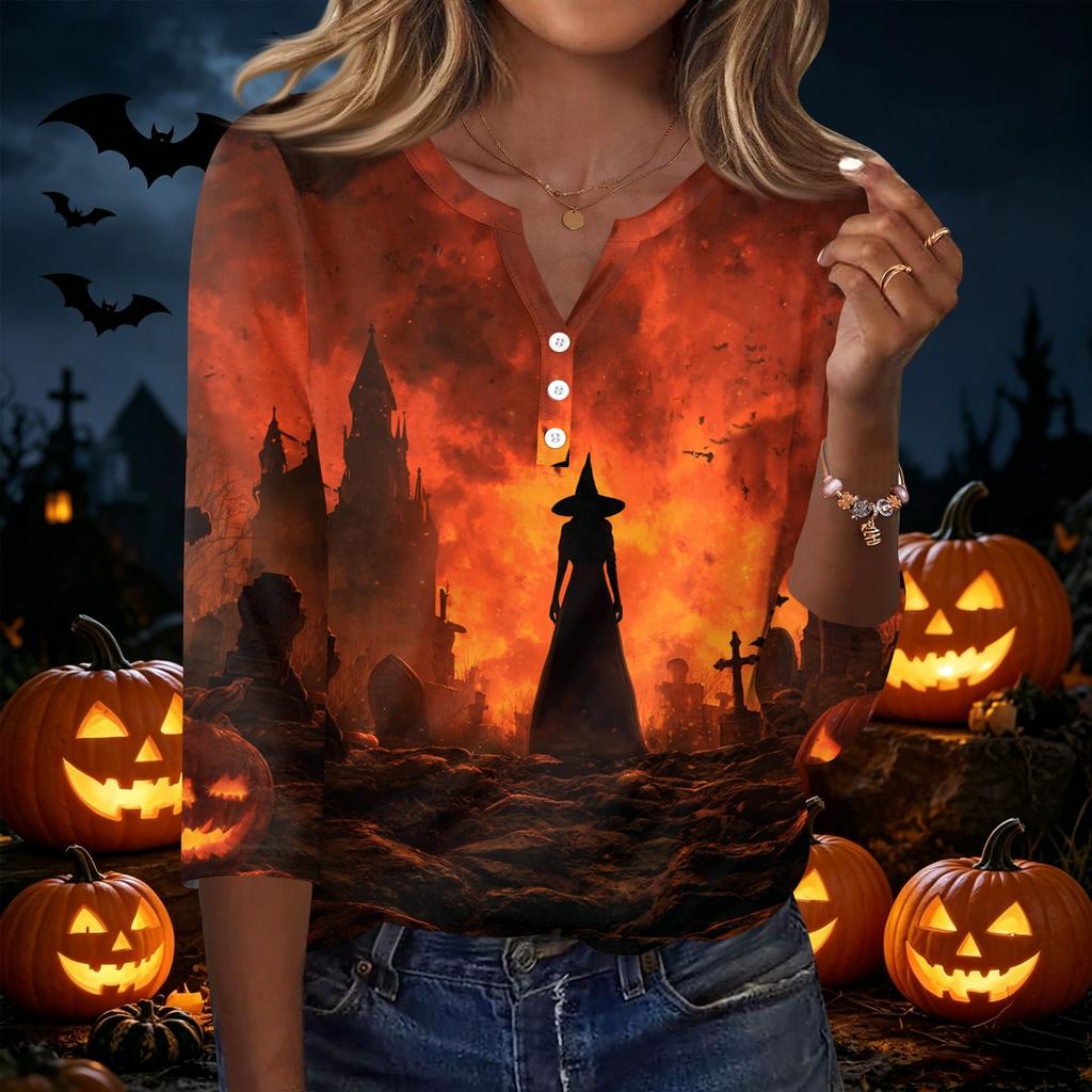 Women's Casual Halloween Print V Neck Button Front Three Quarter Sleeve T Shirt Top Lightweight Comfortable Fall Shirt