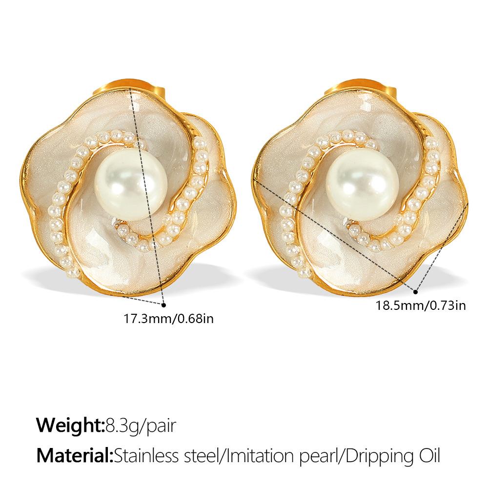 Retro Hong Kong Style Oil Drip Flower Stud Earrings Stainless Steel Gold Plated Simple Small Fashion Pearl Earrings Women
