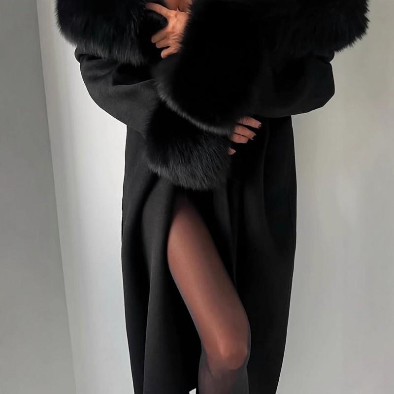 2026 Womens Oversized Wool Blend Long Coat With Faux Fur Collar Solid Color Elegant Winter Outerwear