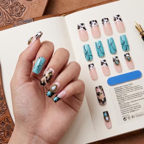 1 Set False Nails with Jelly Glue Chapped Pattern Easy Wearing Fake Nails DIY Nail Art Kit Professional Manicure Tools