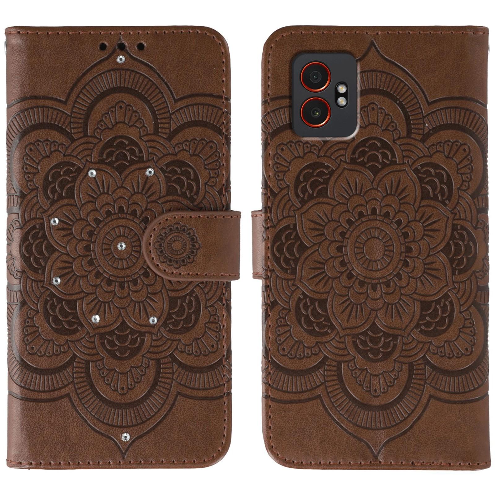 

For Samsung Galaxy XCover7 Pro Case Rhinestone Decor PU Leather Mandala Imprinted Design Phone Cover with Wrist Strap Brown