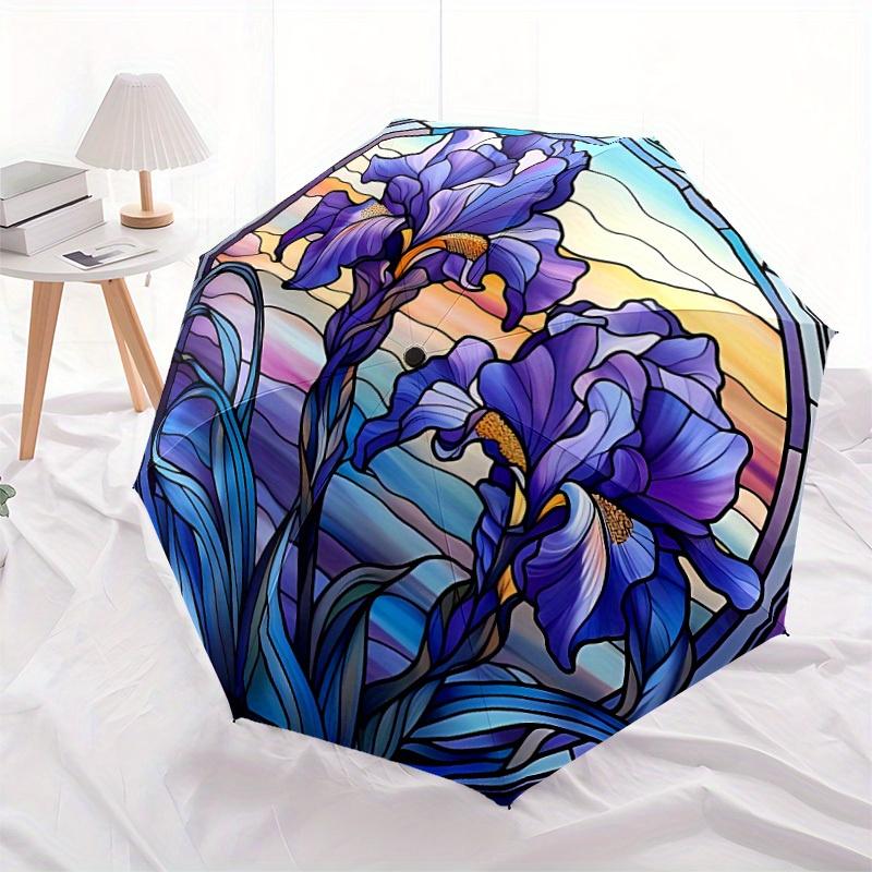 1pc Iris StainedGlass Compact Travel Leisure Umbrella, Automatic Folding Lightweight Windproof 8-Bone Reinforced Design, Portable for Backpa