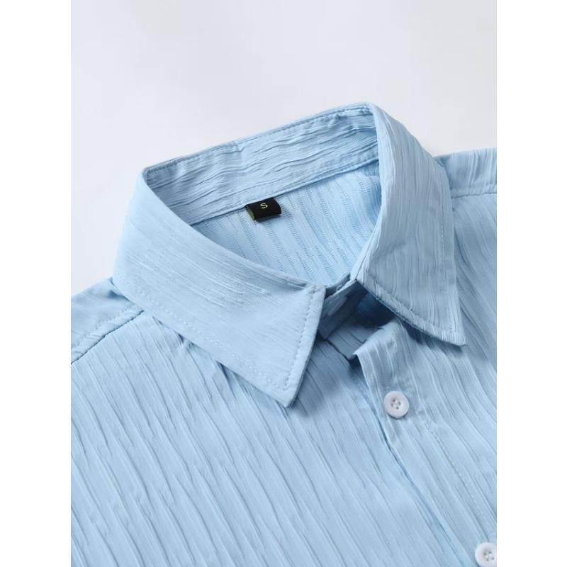 Summer Polo-neck Solid Color Casual Fashion Folds Shirt Male Short Sleeve Single Breasted Cardigan Top Men