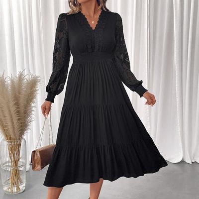 2025 New Autumn and Winter Elegant V-neck Lace Long-sleeved Dress