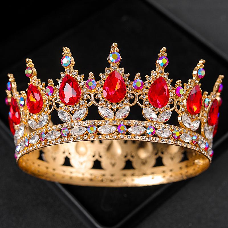 Corona de Boda Redonda Barroca Desfile Nupcial Tiara de Pedrería Cristal Coronas Tocados para Reinas y Reyes