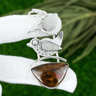 Natural Seame Agate Gemstone Pendant Brown 925 Sterling Silver Indian Jewelry