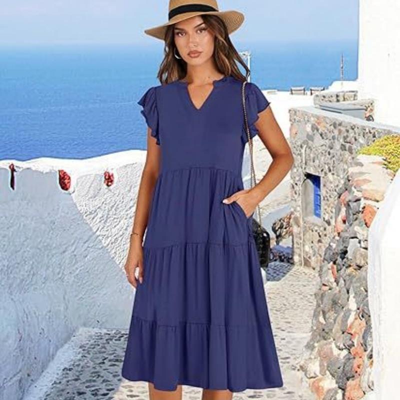 Women's V-neck, Ruffled Sleeve, Mid-length, Patchwork, Wide Skirt, Pocket Dress