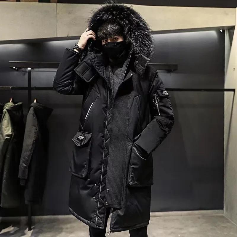 Men's Long Down Jacket with Large Fur Collar and Thick Warm White Duck Down Coat
