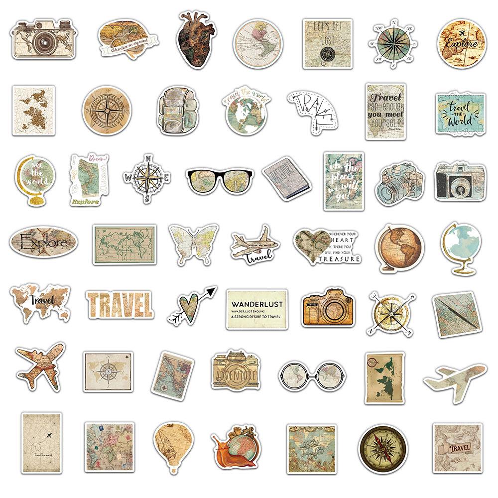 50 Vintage Travel Map Creative Stickers, Luggage Notebook, Water Bottle, Luggage Box