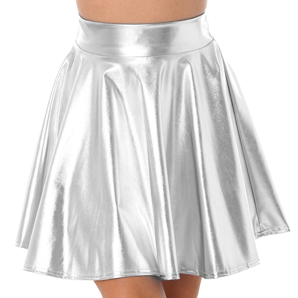 Womens Shiny Metallic Ruffle Glossy Mini Skirts Punk Party Clubwear Streetwear High Waist Flare Skirt Rave Cocktail Costume