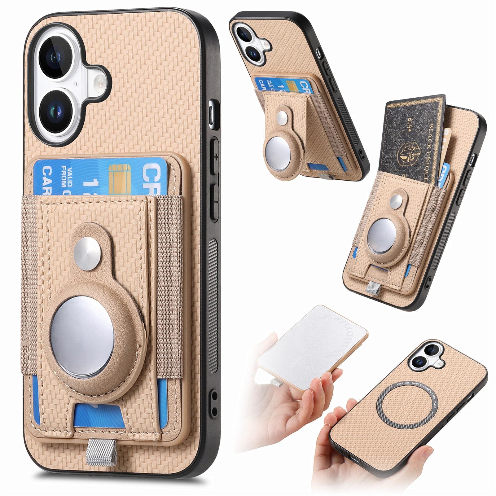 For iPhone 16 Case with  AirTag Holder Detachable Card Slot Leather + TPU + PC Phone Cover D