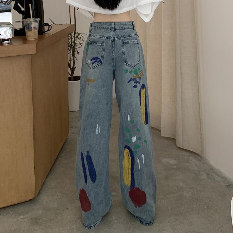 Módní Barevné Čmáranice Roztrhané Džíny Dámské S Vysokým Pasem Slim Rovná Noha Široké Kalhoty Dámské Vintage Modré Ležérní Džínové Kalhoty Dáma 24247