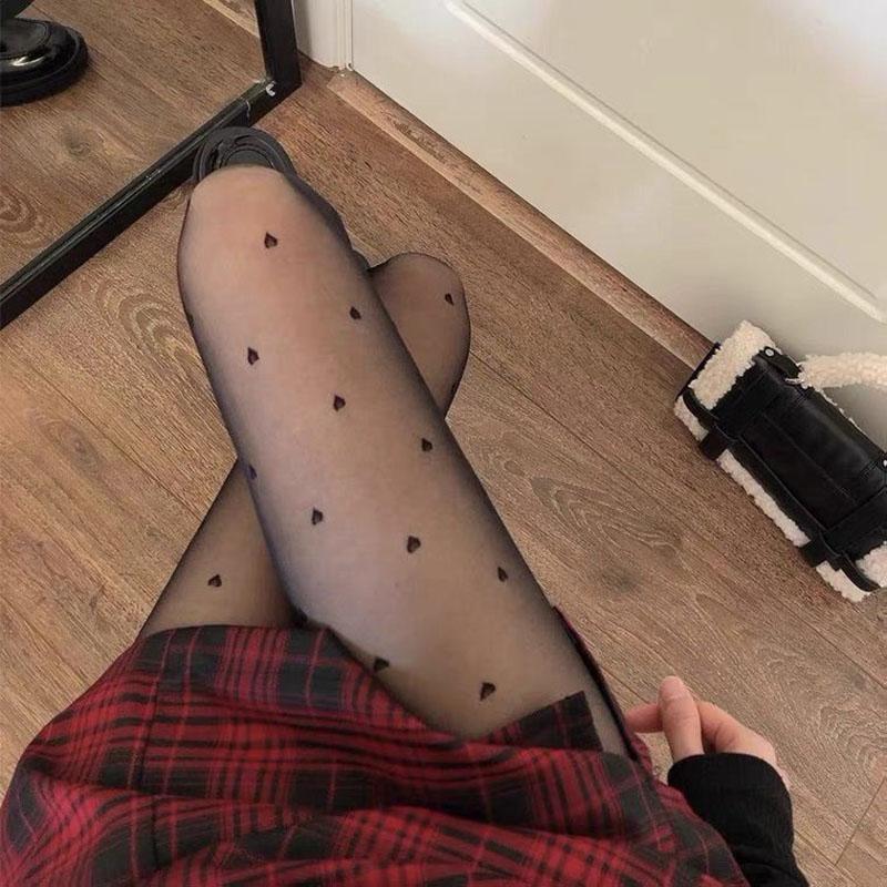 Sexy Black Stockings Women Heart Polka Dot Bow Knot Lolita Pantyhose Tight High Socks Female Transparent High Elastic Stockings