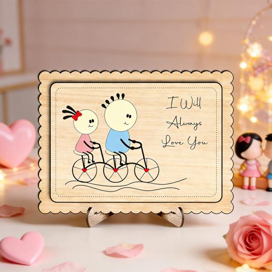 Wooden Couple Table Sign with Stand Farmhouse Rustic Cartoon Couple Ornament Valentine's Day Anniversary Wedding Party Decoration