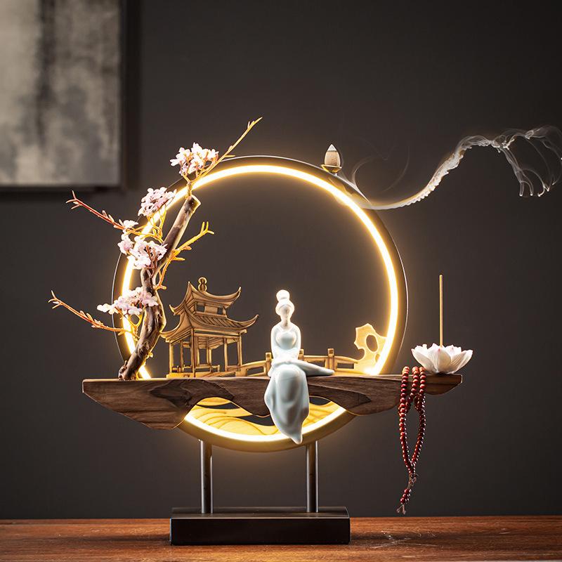 Chinese-Style TV Cabinet Backflow Incense Burner with LED Night Light - Dongting Lake Gift