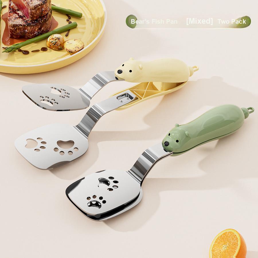 Small Bear Fried Fish Turner 2-in-1 Stainless Steel Food Clip Long Handle Anti-Slip Oil Draining Spatula Heat Resistant Clip
