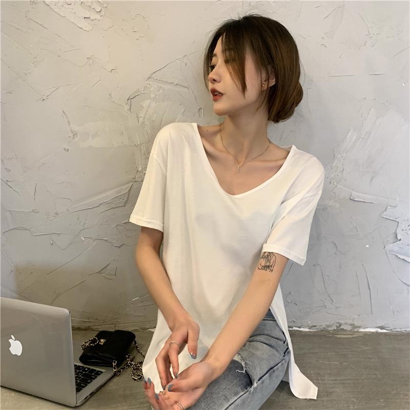 Women's V-Neck Slit Short Sleeve Chic Loose Summer 2022 T-Shirt