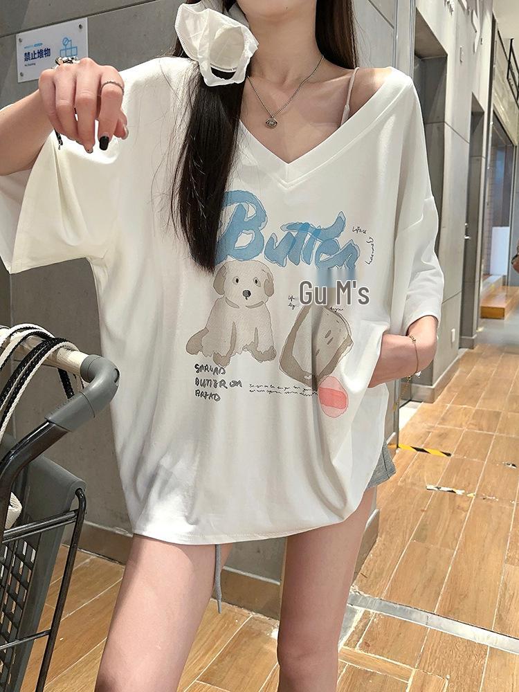 2025 Summer New Women's Influencer V-neck Loose Cartoon Print Short Sleeve T-shirt